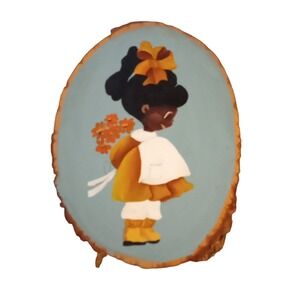 Vtg Hand Tole Painted African American Girl 10"x7.5" Tree Stump Wood Disc‎ Decor